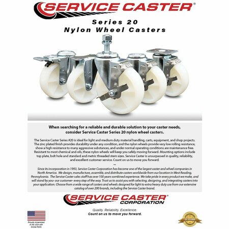 Service Caster 3'' Nylon Wheel Swivel Top Plate Caster Set with 2 Posi Brakes 2 Rigid, 4PK SCC-20S314-NYS-PLB-2-R-2